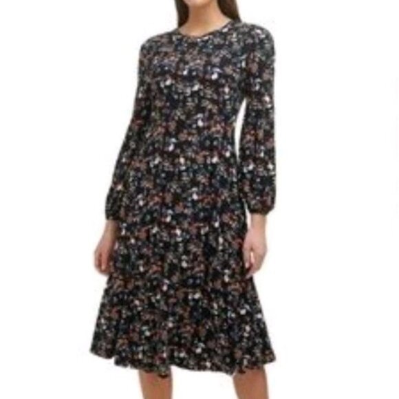 Tommy Hilfiger Stretchy Fit & Flare Dress Size 8 Black Multi Floral - Picture 1 of 8